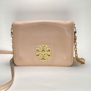 Tory Burch Britten Chain Crossbody Clutch Beige Pebbled Leather Gold Logo